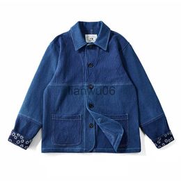 Men's Jackets Vintage Indigo Jacket Men French Workwear Cargo Tooling Jacket Autumn Winter Blue Dyed Kendo Fabric Multipocket Cardigan Coat J230811