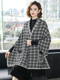 Women's Fur Mink Fleece Bat Sleeves Cloak Shawl Cape Checkered Coat Warm Thick Scarf Female Tassel Cardigan Plaid Tassels Top