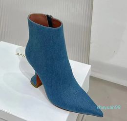 Denim fabric Stiletto ankle boots mid calf pull Fashion pointed Cowboy Boot Women's Outdoor shoes Luxury Designer High-heeled heels factory footwear