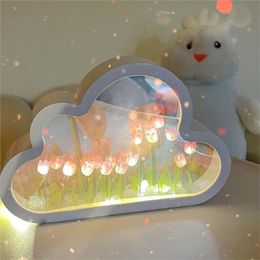 Decorative Objects Figurines Creative Cloud Tulip Night Light Decorative Mirror Frame LED Table Light Korean Creative Desk Bedroom Handmade Birthday Gift 230810