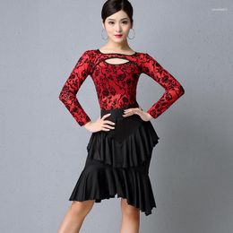 Stage Wear Latin Dance Practise Clothes Sexy Print Long-Sleeved Shirt Lotus Leaf Skirt For Women'S Ballroom Cha Perform DL4911