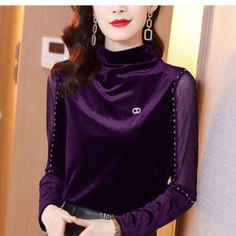Women's T Shirts 2023 Arrival Korean Golden Velvet Bottom Top Autumn Winter Half High Collar Versatile Beaded Long Sleeve T-shirt For Women