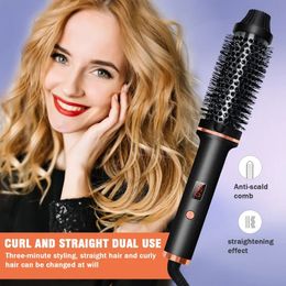 1pc 3-in-1 Ceramic Curling Iron Brush - Heated Hair Curling Comb with Straightener and Curl Wand for Smooth and Shiny Hair Styling