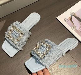 Slippers 2023 Fairy Haze Blue&White Cloth Slipper Woman Rhinestone Buckle Flat Sandals Ladies Shoes Babouche Femme Flipflops Beach Slides