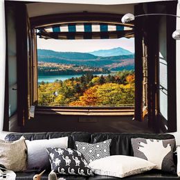 Tapestries Window Mountain Landscape Tapestry Sea Outside The Window Forest Wall Hanging Home Room Dorm Decor Wall Fabric Blanket R230812