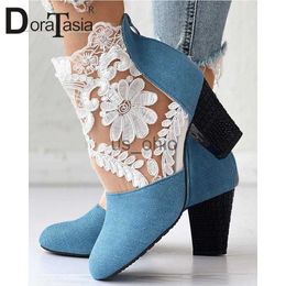 Boots New Ladies Summer Autumn Ankle Boots Fashion Denim Lace Embroider Mesh Breathe Thick High Heels women's Boots Party Shoes Woman J230811