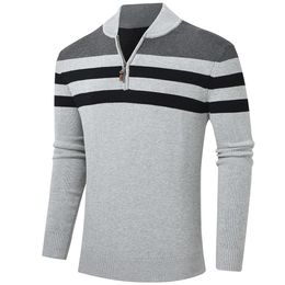 Mens Sweaters Fashion Casual Patchwork Pullover Sweater Winter Zipper ONeck Striped Cotton Warm Sweatershirt for Men 230811
