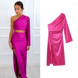 Casual Dresses Cut Out Satin Dress Women Off Shoulder Sexy Woman Asymmertic Backless Long Ruched Midi Party