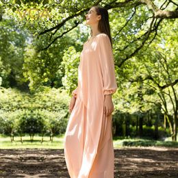 Casual Dresses (Clearance Sale) VOA Lotus Root Pink Double Layer Georgette Silk O-neck Long Sleeve Straight Elegant Loose Dress AE1599