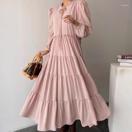 Casual Dresses Clothland Women Elegant Pink Black Midi Dress Ruffles V Neck Lace Up Korean Style Mid Calf Long Sleeve QC837