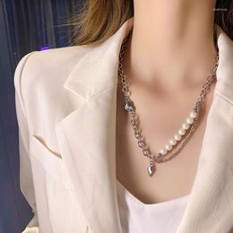 Pendant Necklaces VSnow Retro Asymmetry Love Heart Chunky Chain Necklace For Women Imitation Pearl Beaded Stainless Steel Jewelry