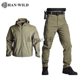 Men's Jackets HAN WILD Tactical Jackets Men Soft Shell Jacket Army Windproof Camo Hunting Suit Shark Skin Military Hiking JacketPants 5XL J230811
