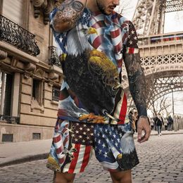 Men's Tracksuits Summer Male T-shirt Shorts 2-piece Set American Flag Print Tracksuit Casual Man Clothes Loose Streetwear Outfit