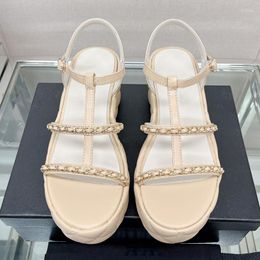 Dress Shoes Spenneooy Summer Fashion Women's Solid Color Round Toe Waterproof Platform Wedge Heel Metal Chain Buckle Strap Sandal