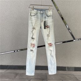 Men's Jeans High Street Ripped Patch Do Old Wash Water Brand Elastic Slim Small Feet 230810