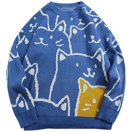 Men's Sweaters Cartoon Cat Knitted Sweater Men Japanese Retro Harajuku Knitwears Pullover Winter Women Tops Oversized Vintage Sweater 230811