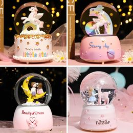 Decorative Objects Figurines Dream Girl Unicorn Crystal Ball Music Box Crystal Snow Globe Music Box with Light Wedding Lover Valentine's Day Girlfriend Gifts 230810