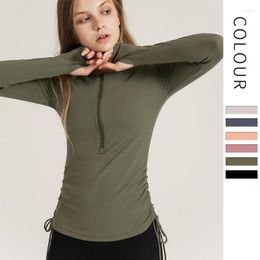 Active Shirts Green Long Sleeved Front Zippered Yoga Top For Women's Slim Fitting Solid Color Breathable Sports Jacket Side Drawstring