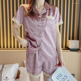 Women's Sleepwear Summer Pyjamas Ladies Ice Silk Short Sleeve 2023 Advanced Sense Thin Lapel Solid Colour Home Wear Set