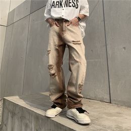 Men's Jeans Brown Ripped Trendy High Street Casual Straightleg Pants Harajuku Style Fashion Trousers 230810