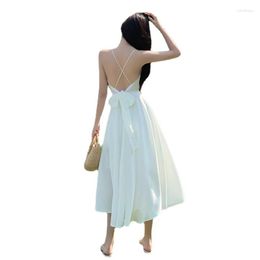 Casual Dresses Summer Vintage Satin Sexy Super Fairy White Halter Dress Seaside Vacation Style Backless Beach Long Female