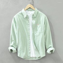 Men's Casual Shirts Autumn Green Striped Shirt For Men Cotton Long Sleeve Oxford Fashion Non-elastic Loose Clothing