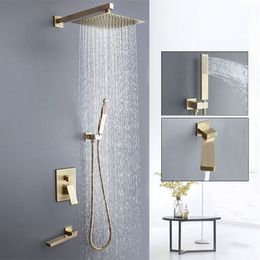 Brushed Gold Shower Set Bathroom Hidden 3 Way Faucet Shower System Set Wall Mounted Bathtub Rain Shower Mixer Tap Set