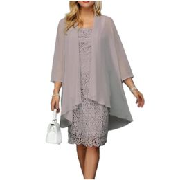 Basic Casual Dresses A Lin Plus Size Women Clothing Summer Chiffon Lace Crochet Pink Midi Fashion Elegant Ladies Two-piece Set Party Dress S-6XL 230811