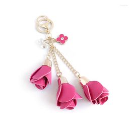 Keychains DHLFree 100pcs 18colors Charm Leather Rose Flower Key Chains Tassel Women Keychain Bag Purse Pendant Jewellery