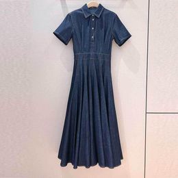 Casual Dresses Vintage Cotton Denim Maxi Dress Fashion Runway Single Buttons Waist Up A-line Elegant Short Sleeve Clothes For Women