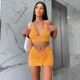 Work Dresses Sexy Crop Top String Bikini 2 Piece Skirt Sets Bandage Backless 2023 Summer Bodycon Chest Wrap Slim Outfit Mini Dress Set