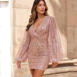 Party Dresses Pink Sequin Cocktail Dress Mini Straight Dresse Long Sleeves Luxury Sexy V Neck Glitter Evening Gowns Robe Femme