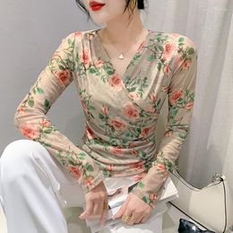Women's T Shirts 2023 Fall Winter Korean Clothes Double Mesh T-Shirt Women Chic Sexy V-Neck Draped Print Flower Tops Long Sleeve Slim Tees