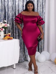 Casual Dresses AOMEI Off Shoulder Shiny Satin Party Dress Women Slash Neck Ruffles Sleeves Robes Birthday Club Sexy Bodycon Clubwear Event