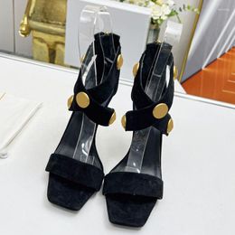 Dress Shoes Spenneooy Summer Fashion Solid Color Square Toe High Heeled Women's Shallow Mouth Metal Decoration Cross Ankle Strap Shose