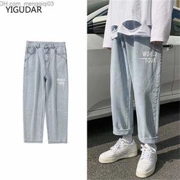 Men's Jeans Spring/Summer 2022 Loose Fit Men's Jeans Text Embroidery Bag Elastic Waist Harlan Cargo Jogger Men's Grey Large Z230814