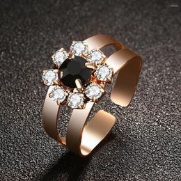 Wedding Rings European Fashion Black Crystal Flower Ring Rose Gold Plated Opening Adjustable Bride Engagement Party Jewellery