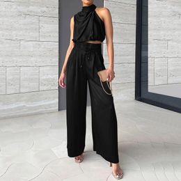 Women's Two Piece Pants Women Outfits 2023 Summer Casual Sleeveless High Neck Crop Tops Wide Leg Sets Lady Teen Girls Streetwear