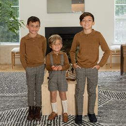 Family Matching Outfits Ap Boys Mix N Match Dressy Collection 2024 Fall Kids Three Colors Sweater Polo Baby Stretched Plaid Pants and Overalls 7703 230810