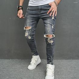 Men's Jeans High Street Personality Ripped Splashed Ink Youth Casual Stretch Pencil Pants Trend Distressed Washed Denim Trousers