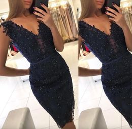 New Cheap Sexy Dark Navy Cocktail Dresses Deep V Neck Lace Appliques Beaded Sheath Knee Length Short Party Dress Graduation Homecoming Gowns