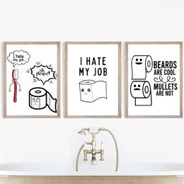 Funny Toothbrush Toilet Paper Posters Print Humour Cartoon Canvas Painting Black White Quotes Wall Art Bathroom Room Decor Wo6