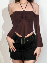 Women's Blouses Women Crop Halter Tops Solid Colour Backless Ruched Long Sleeve Shirt For Club Streetwear Aesthetic Grunge Clothes