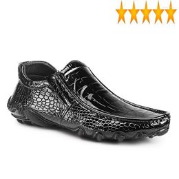 Boots Pattern Brand Alligator Fashion Black Real Cowhide Flat High Top Shoes Mens Genuine Leather Design Casual Short Men