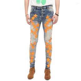 Men's Jeans AM Brand Man Pants Streetwear Leather Orange Star Patch Denim Fashion Slim Fit Ripped Men Trousers Harajuku