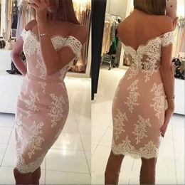 New Short Cocktail Dresses Lace Appliques Off Shoulder Fitted Knee Length Party Gowns with Sash 2023 Designer Summer Woman Prom Dresses