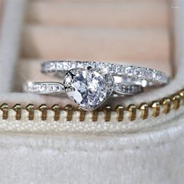 Wedding Rings 2pcs Luxury Bridal Sets White Zircon Promise Engagement Ring Set For Women Silver Color Stacking Heart Bands Jewelry CZ