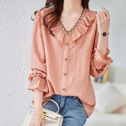 Women's Blouses Clothing Patchwork Folds Blouse Commute Button Spring Autumn Long Sleeve Lace Stylish Hollow Out Elegant V-Neck Shirt