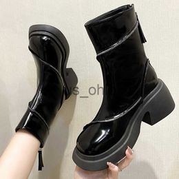 Boots 2023 Women Chain Mid Heels Motorcycle Ankle Chelsea Boots Platform Goth Boots Winter New Chunky Shoes Zipper Snow Botas Pumps J230811