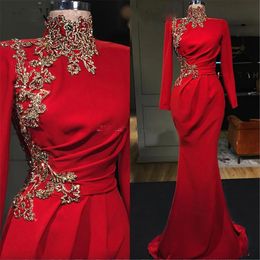Red Mermaid Gold Lace Evening Dresses High Neck Long Sleeves Prom Gowns Floor Length Satin Plus Size Formal Party Dress